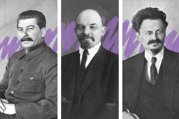 Portraits of Joseph Stalin, Vladimir Lenin, and Leon Trotsky