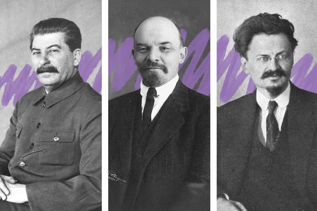 Portraits of Joseph Stalin, Vladimir Lenin, and Leon Trotsky
